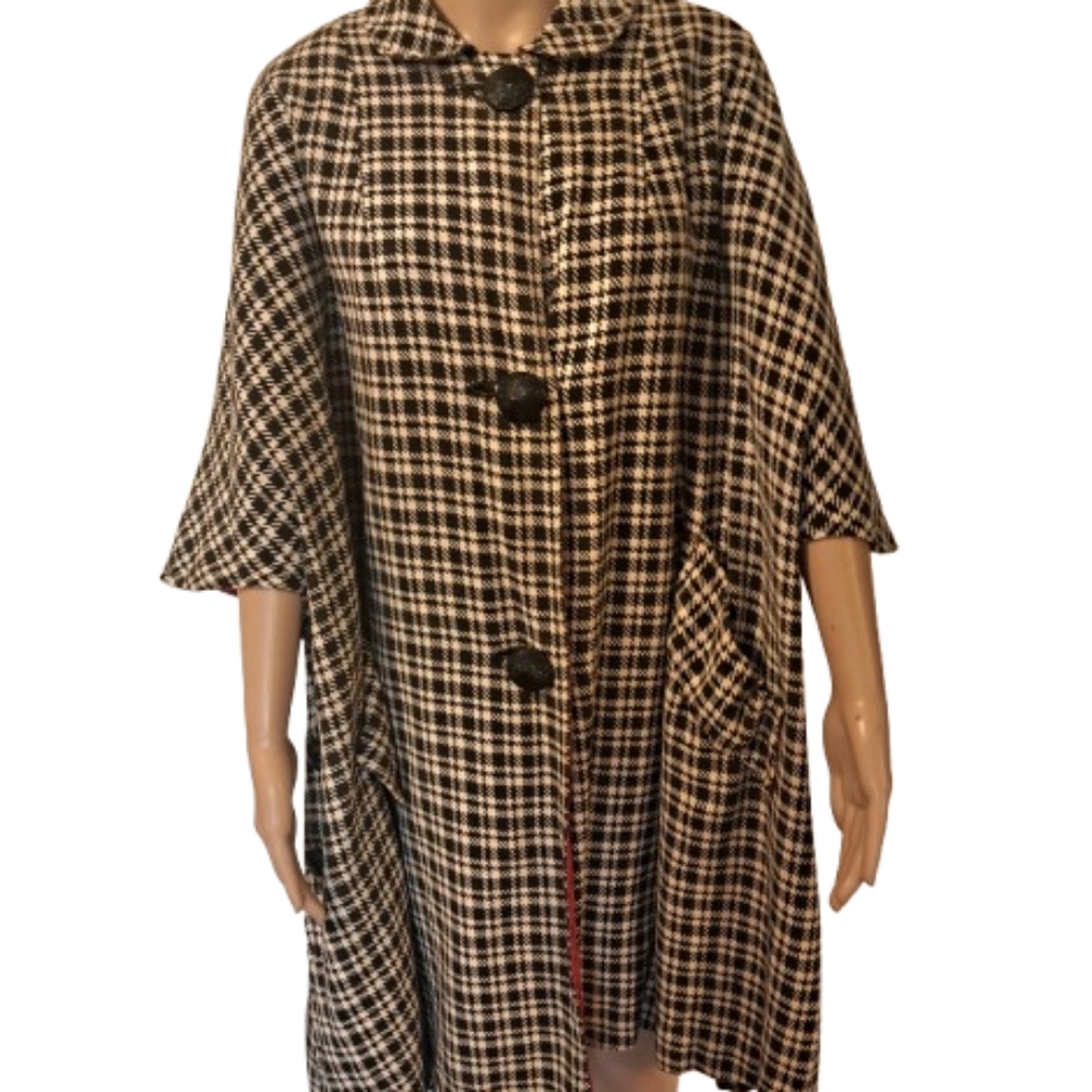 Rare Vtg 1960's Black/ White Houndstooth Poncho/Cape With Red Lining Sm/ Med